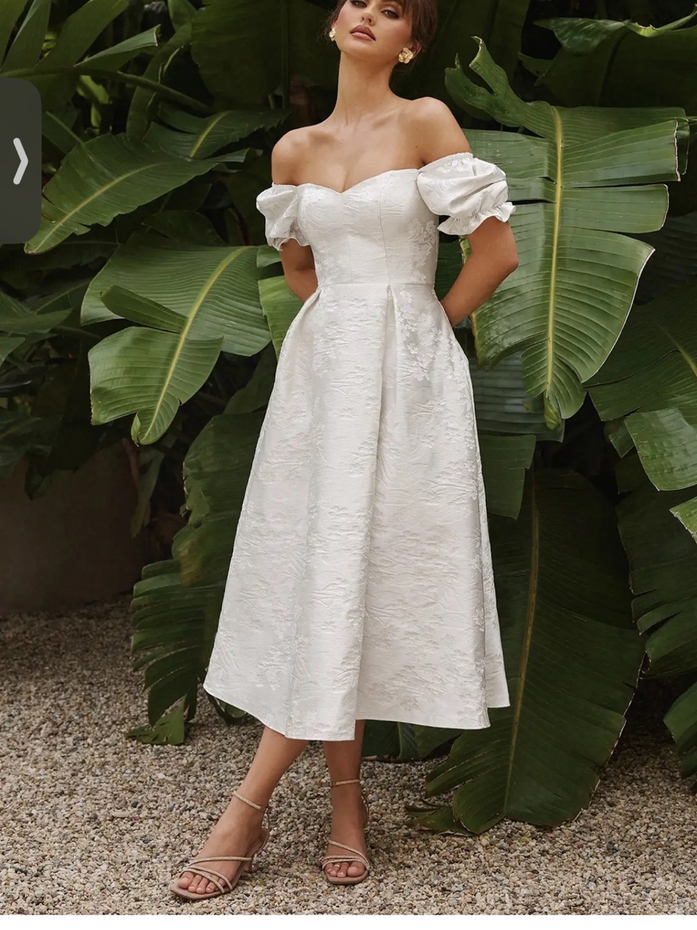 Azazie White Off-Shoulder Jacquard Midi Dress